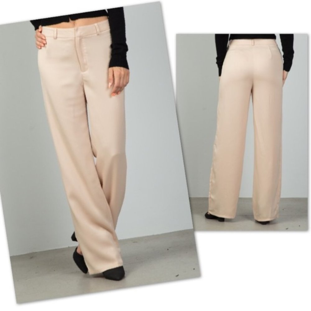 Mid Rise Wide Leg Dress Work Pants Beige Cream S